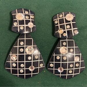 JEWELLIANS 4" Domino Style diamante Rhinestone Black Lacquer Vintage Earrings